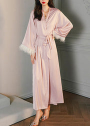 Cute Pink V Neck Tie Waist Ice Silk Robe Spring