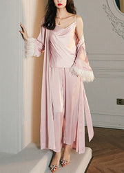 Cute Pink V Neck Tie Waist Ice Silk Robe Spring