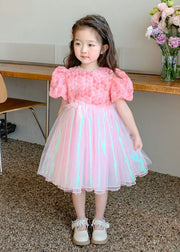 Cute Pink Wrinkled Nail Bead Patchwork Tulle Baby Girls Dress Short Sleeve