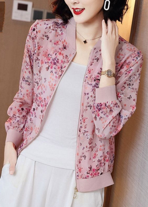 Cute Pink Zipper Print Chiffon Sunscre Coat Long Sleeve