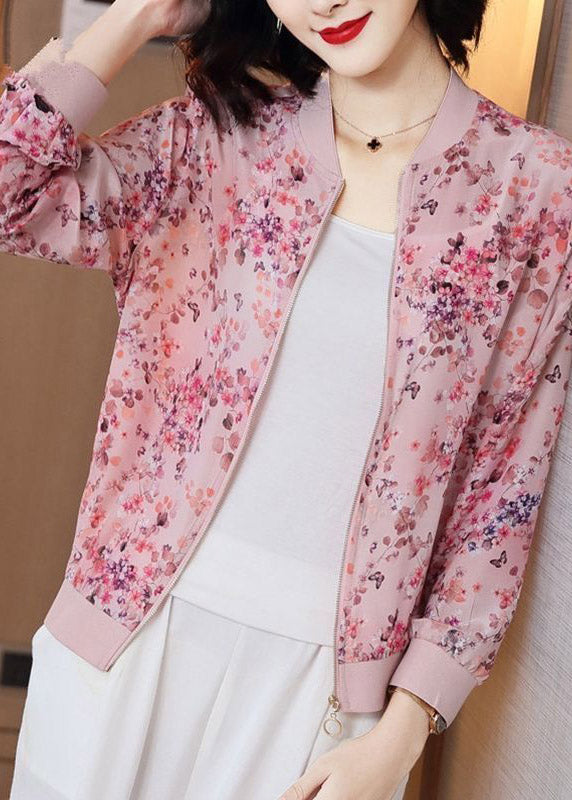 Cute Pink Zipper Print Chiffon Sunscre Coat Long Sleeve