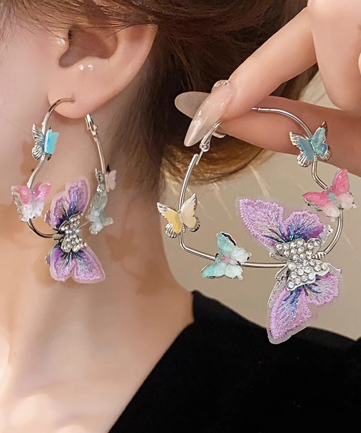 Cute Purple Alloy Zircon Knit Butterfly Hoop Earrings