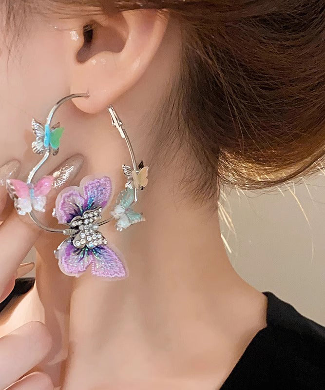 Cute Purple Alloy Zircon Knit Butterfly Hoop Earrings