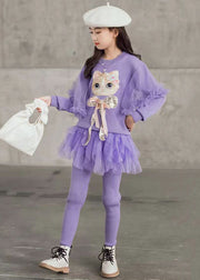 Cute Purple O Neck Sequins Tulle Patchwork Girls Two Pieces Set Fall