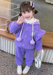 Cute Purple Zippered Coats And Pants Warm Fleece Girls Two Piece Set Spring