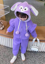 Cute Purple Zippered Coats And Pants Warm Fleece Girls Two Piece Set Spring