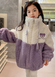 Cute Purple Zippered Patchwork Fluffy Girls Coat Winter