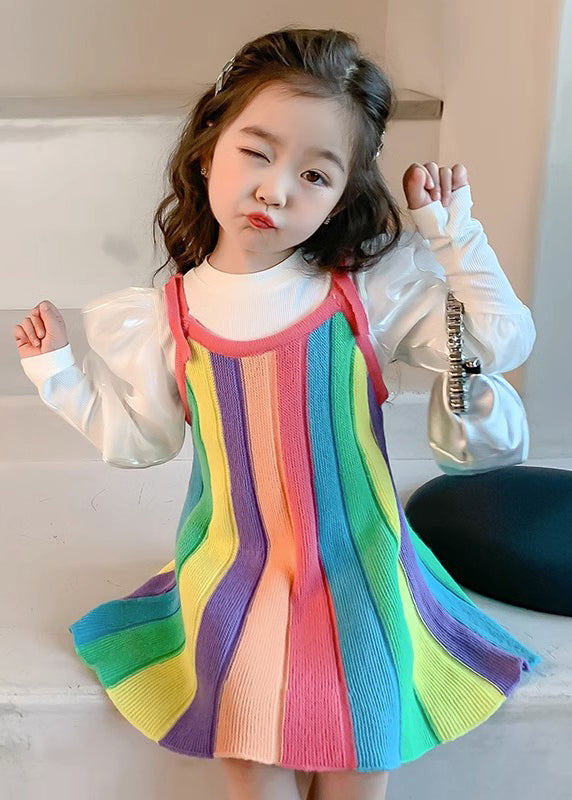 Cute Rainbow O Neck Patchwork Knit Girls Two Piece Set Puff Sleeve