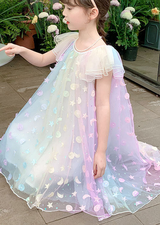 Cute Rainbow Sequins Wrinkled Patchwork Tulle Kids Girls Princess Dress Summer