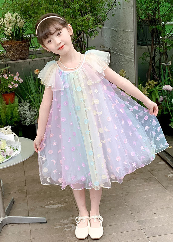 Cute Rainbow Sequins Wrinkled Patchwork Tulle Kids Girls Princess Dress Summer