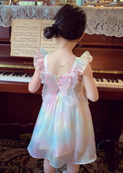 Cute Rainbow Wrinkled Bow Pearl Tulle Girls Maxi Dresses Sleeveless