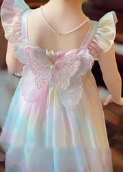 Cute Rainbow Wrinkled Bow Pearl Tulle Girls Maxi Dresses Sleeveless
