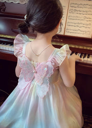 Cute Rainbow Wrinkled Bow Pearl Tulle Girls Maxi Dresses Sleeveless