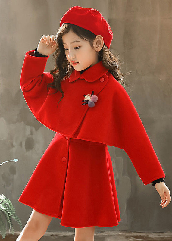 Cute Red Peter Pan Collar Button Girls Thick Two Piece Set Outfits Winter