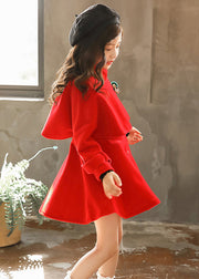 Cute Red Peter Pan Collar Button Girls Thick Two Piece Set Outfits Winter