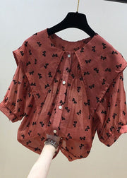 Cute Red Peter Pan Collar Print Chiffon Shirts Tops Summer