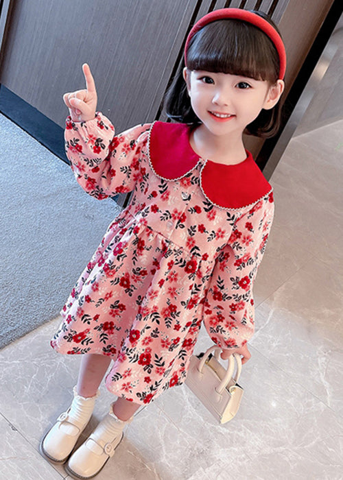 Cute Red Peter Pan Collar Print Cotton Girls Dresses Long Sleeve