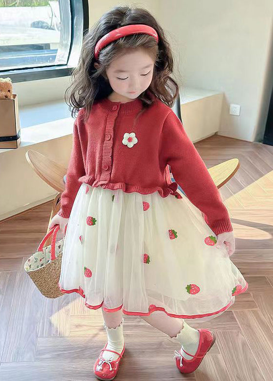 Cute Red Ruffled Tulle Patchwork Knit Girls Long Dress Fall