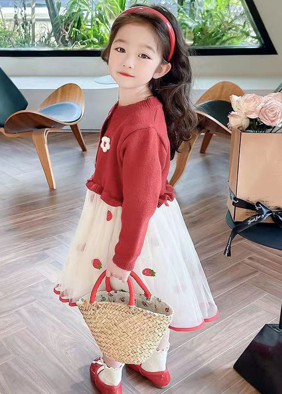 Cute Red Ruffled Tulle Patchwork Knit Girls Long Dress Fall