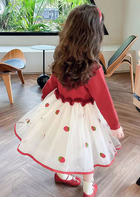 Cute Red Ruffled Tulle Patchwork Knit Girls Long Dress Fall