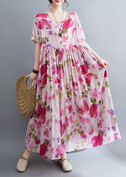 Cute Rose O-Neck Print Wrinkled Maxi Dresses Short Sleeve