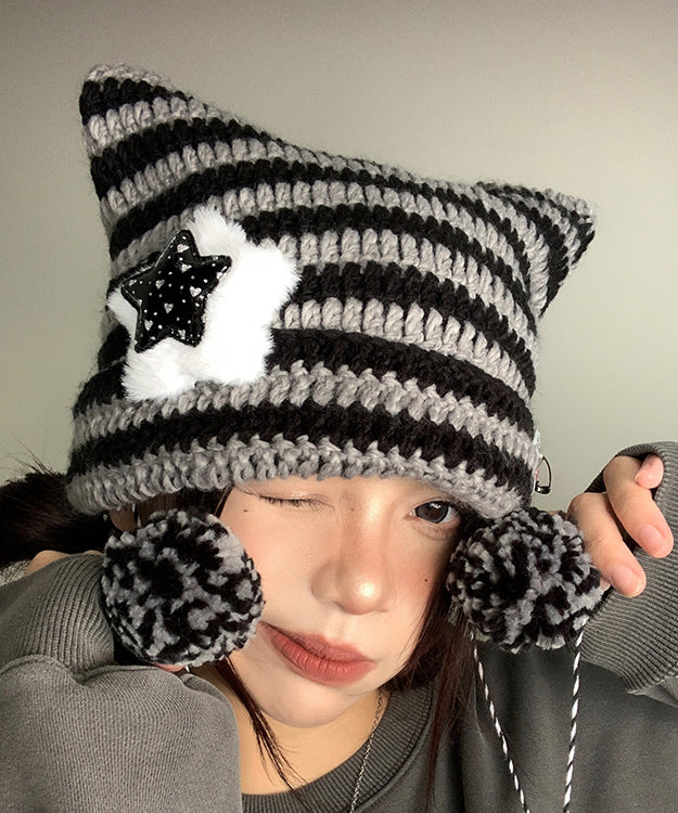 Cute Striped Knitted Cat Ear Boonie Hat Autumn And Winter