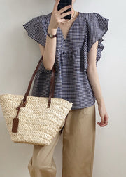 Cute V Neck Plaid Cotton Shirts Top Butterfly Sleeve