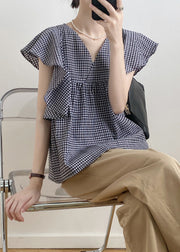 Cute V Neck Plaid Cotton Shirts Top Butterfly Sleeve