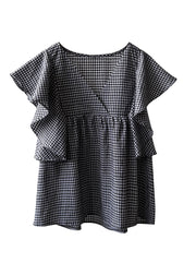 Cute V Neck Plaid Cotton Shirts Top Butterfly Sleeve