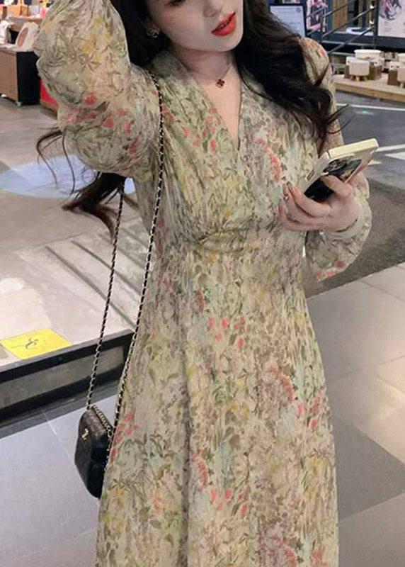 Cute V Neck Print Tie Waist Chiffon Long Dress Long Sleeve