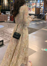 Cute V Neck Print Tie Waist Chiffon Long Dress Long Sleeve