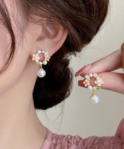 Cute White Copper Alloy Floral Pearl Drop Earrings