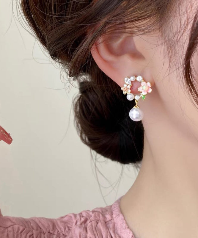 Cute White Copper Alloy Floral Pearl Drop Earrings