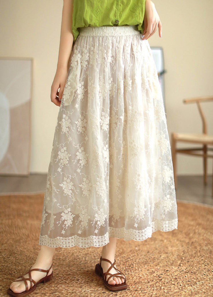 Cute White Embroidered Floral Lace Patchwork Tulle Pleated Skirt Summer