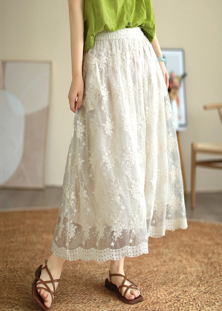 Cute White Embroidered Floral Lace Patchwork Tulle Pleated Skirt Summer