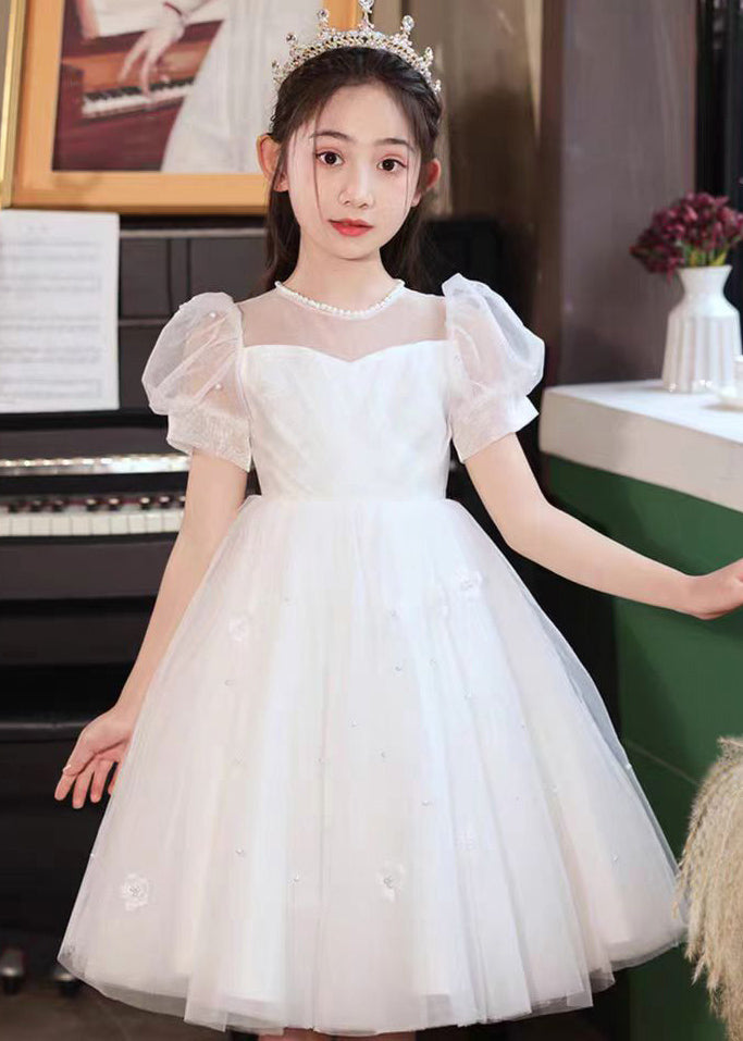 Cute White Embroideried Patchwork Tulle Girls Long Dresses Short Sleeve