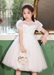 Cute White Embroideried Patchwork Tulle Girls Long Dresses Short Sleeve