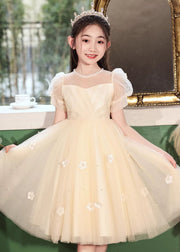 Cute White Embroideried Patchwork Tulle Girls Long Dresses Short Sleeve