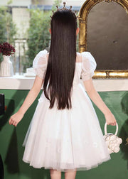 Cute White Embroideried Patchwork Tulle Girls Long Dresses Short Sleeve