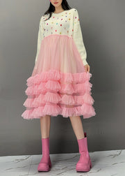 Cute White O-Neck Sequins Knit Patchwork Tulle Maxi Cake Dress Fall