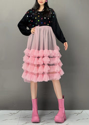 Cute White O-Neck Sequins Knit Patchwork Tulle Maxi Cake Dress Fall