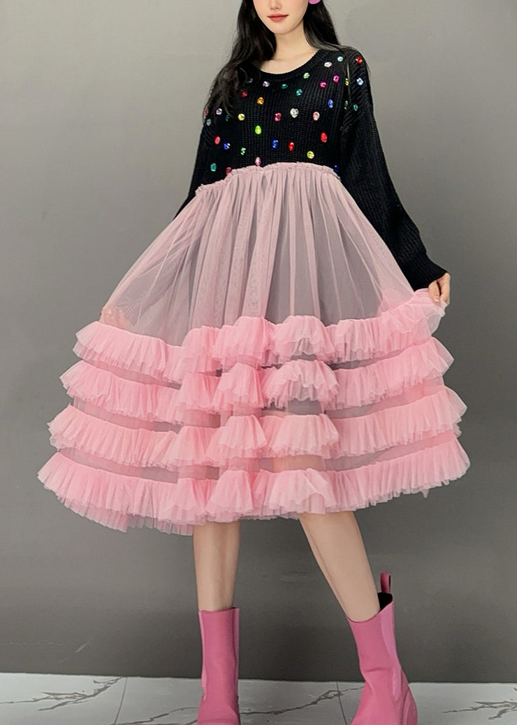 Cute White O-Neck Sequins Knit Patchwork Tulle Maxi Cake Dress Fall