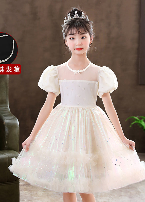 Cute White Puff Sleeve Floral Tulle Kids Girls Dress Summer