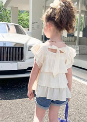 Cute White Square Collar Patchwork Kids Shirt Summer