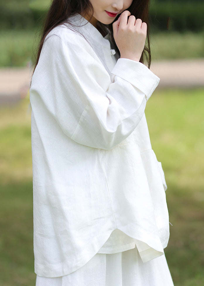 Cute White Stand Collar Button Linen Coats Spring