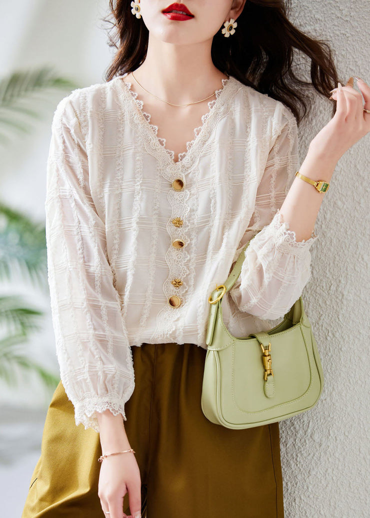 Cute White V Neck Lace Patchwork Button Chiffon Shirt Fall