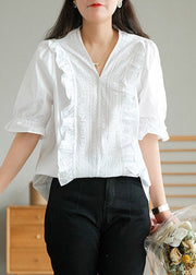 Cute White V Neck Ruffled Linen T Shirt Half Sleeve