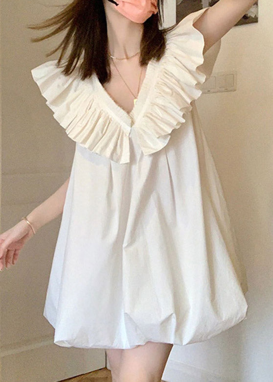 Cute White V Neck Ruffled Mid Dress Short Sleeve