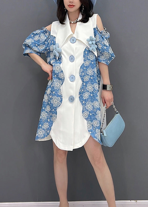 Cute Women Blue Peter Pan Collar Print Button Shirts Mid Dress Sleeve