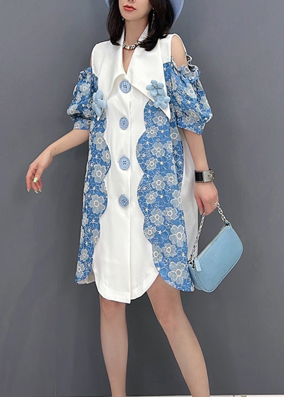 Cute Women Blue Peter Pan Collar Print Button Shirts Mid Dress Sleeve